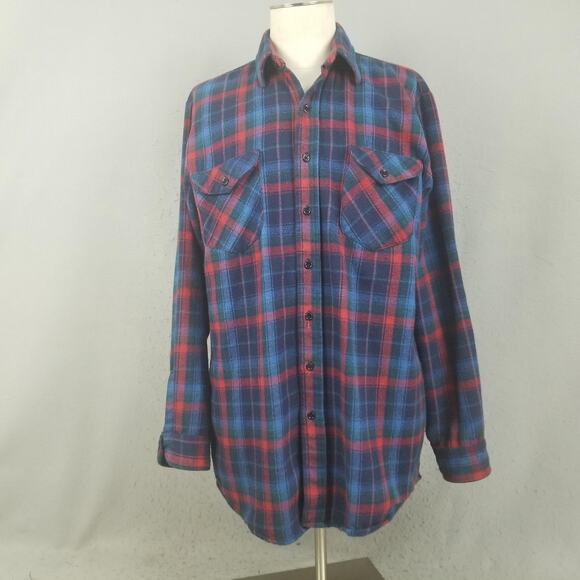 OshKosh B'gosh Shirt Mens Large Tall Blue Red Plaid Flannel Button Pockets - Picture 1 of 16
